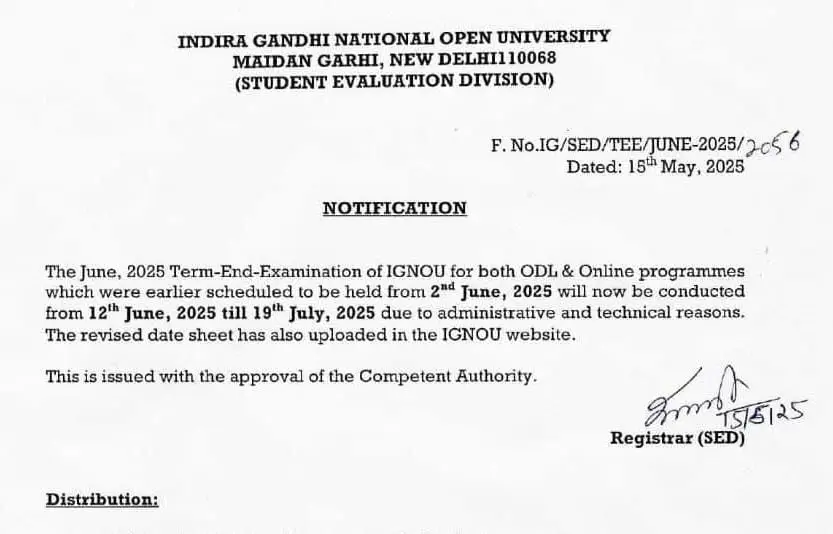 IGNOU Revised Exam Date Sheet for June 2025